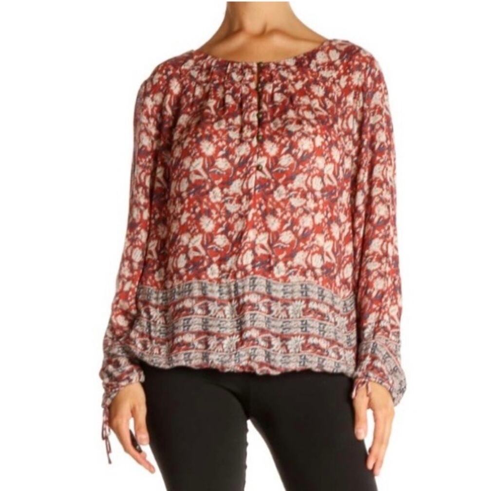 Lucky Brand Boho Blouse Women Small elastic Hem Tie Sleeve